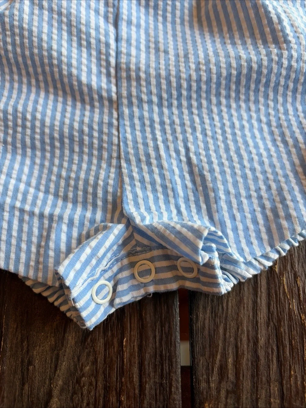 Baby Blue Striped Seersucker Romper Embroidered Nautical Teddy Bear 6-9 Mo